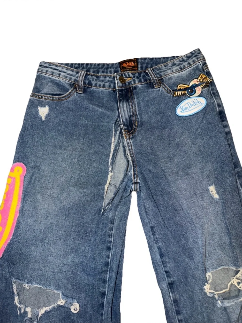 Von Dutch Originals Juniors 14 Wide Leg Jeans Y2K Distressed Patches Baggy FLAW